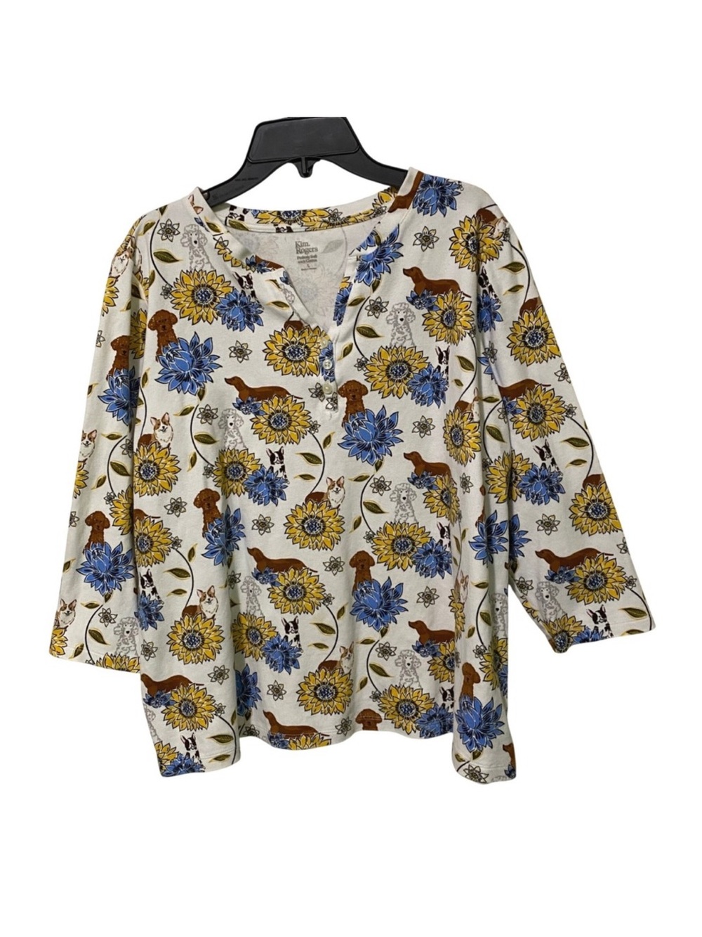 Kim Rogers Cream Floral Henley Top dogs pets